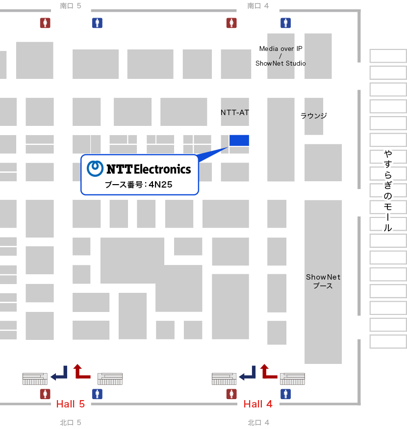 幕張メッセのホール内の地図。ホール4にあるNTTエレクトロニクスのブース4N25。
