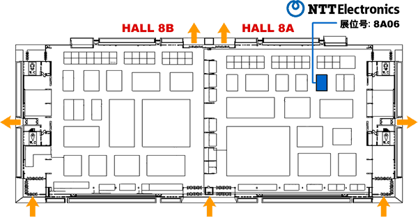 展示会場のHALL 8の案内図。NTTエレクトロニクスはブースNo. 8A06に出展します。