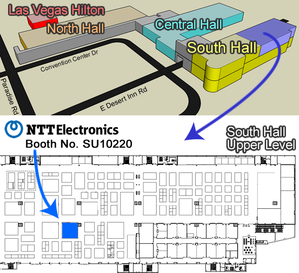 NAB2008フロアガイド。会場はラスベガスコンベンションセンター。NTTエレクトロニクスはSouth Hall、Upper Levelにブースを出展します。ブース番号はSU10220です。