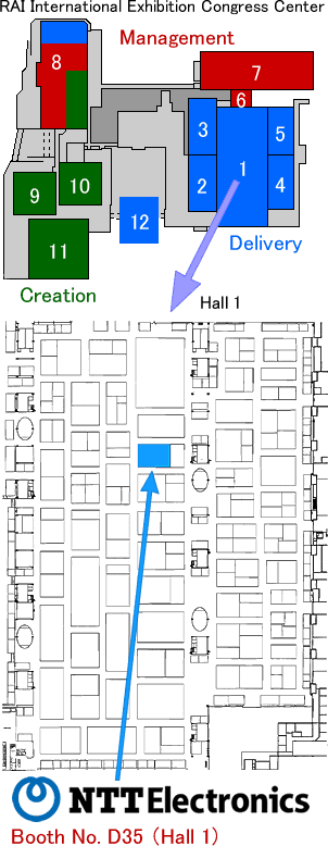 IBC 2009のフロア案内図。NTTエレクトロニクスのブースの場所は、小間番号：D35（ホール1）。会場はRAI インターナショナル・エキシビジョン・コングレスセンター。