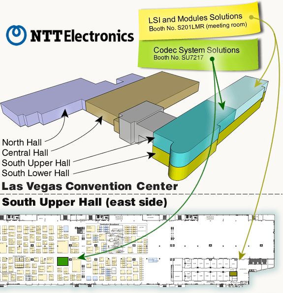 「NAB2010」フロア内にあるNTTエレクトロニクスのブース案内図。コーデック・システムソリューションのブースはNo.SU7217。LSIモジュールソリューションのブースはNo.S201LMR。どちらもホールはSouth Upper Hallになります。